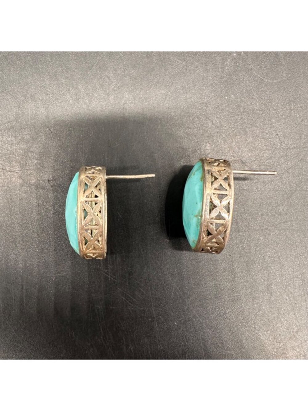 Vintage Sterling Silver Turquoise Oval Earrings Filigree Western Boho Festival - Picture 6 of 12
